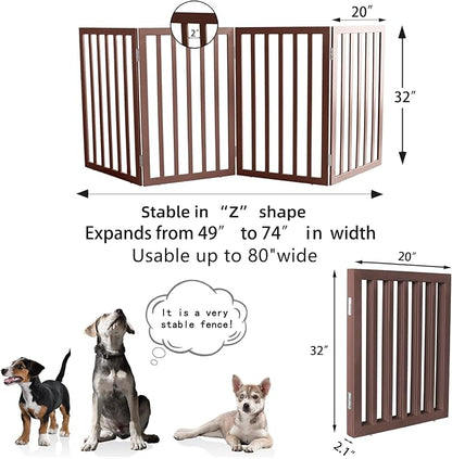 ZJSF Freestanding Indoor Dog Gate for House Foldable Wood Brown Puppy Gate for Doorways Pet Gate for Stairs Extra Wide Pet Fence 32" Height 4 Panels