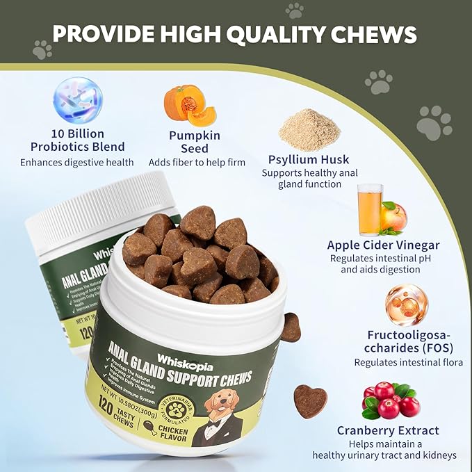 Anal Gland Support Chews, Dog Scoot Treatment with Pumplin Digestive Enzymes Probiotics Fiber for Dogs Digestion and Gut Health Stop Scoot for Dog - 120 Ct (Gland Guard, 120Ct Chicken)