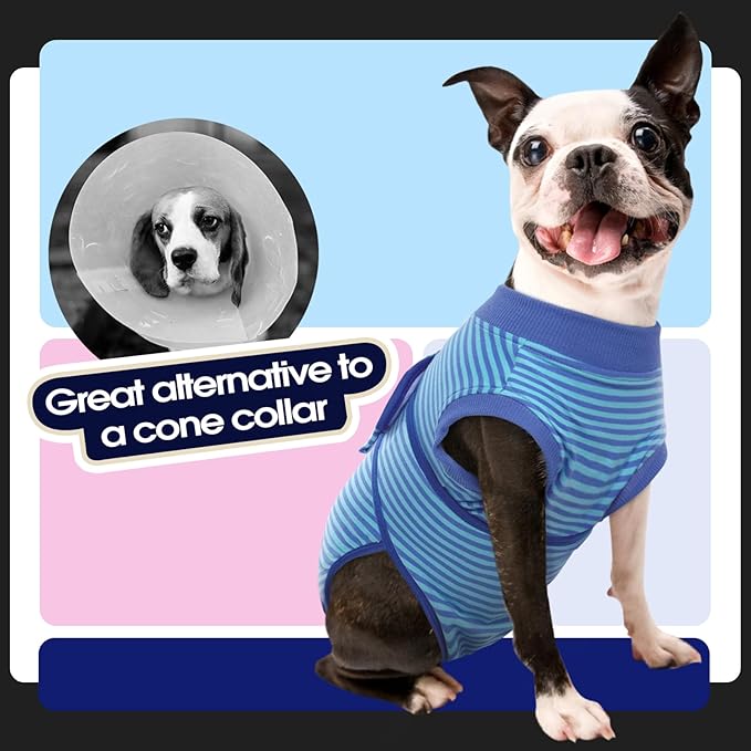 FUAMEY Recovery Suit for Dogs After Surgery,Soft Breathable Dog Bodysuit E-Collar & Cone Alternative Surgical Suit,Male Female Dog Neuter Spay Suits Anti Licking Wounds Onesie Navy Blue Strips L