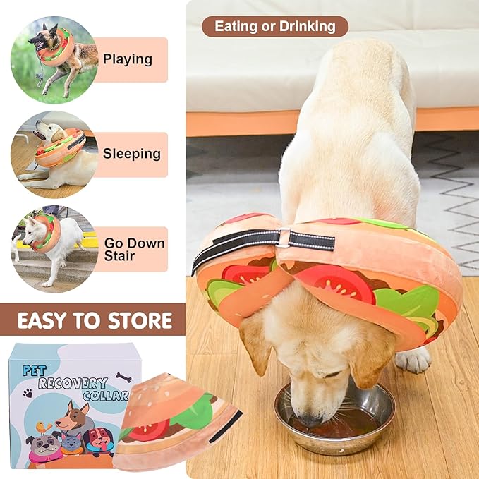 BEAUTYZOO Dog Cone Alternative After Surgery for Large Medium Small Dogs, Soft Inflatable Cone Collar for Dogs Cats, Dog Neck Donut E Collar Dogs Recovery Collar to Stop Licking, Brown Burger, L