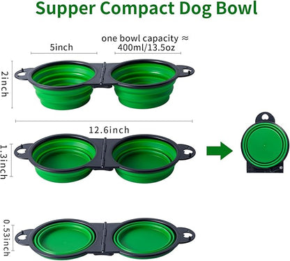 SLSON Collapsible Dog Dual Bowls Reinforced Rim 180 Degrees Flip Over Foldable Double Bowl with Lock Clips More Stable Dog Travel Bowls Pet Food Water Feeder (Green)