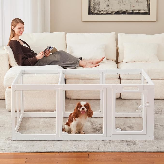 Acrylic Dog Playpen Indoor, Cloud Design Clear Dog Play Pen for Puppies and Small Dogs, Easy Assembly & Clean Puppy Pen (23.6", 16 Panels, White)