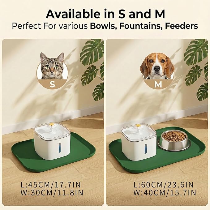BLESWIN Non-Slip Silicone Dog Food Mat for Food and Water, 18" x 12" Raised Edge Pet Feeding Mat - Waterproof Dog Bowl Mat Easy Clean for Floor Protector,Dark Green