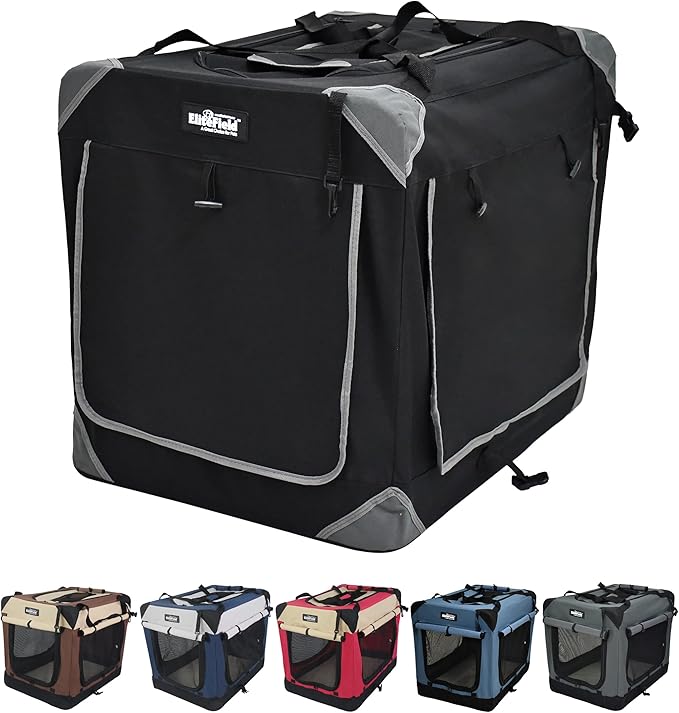 EliteField 4-Door Folding Soft Dog Crate with Curtains, Carrying Bag and Fleece Bed (2 Year Warranty), Indoor & Outdoor Pet Home (20" L x 14" W x 14" H, Black+4 Door Curtains)