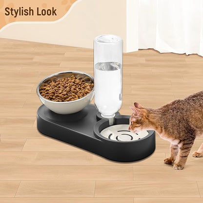 Marchul Stainless Steel Dog Cat Bowls, 15° Tilted Elevated Cat Food and Water Bowl Set with 500ml Gravity Bottle for Small Medium Pets, Leak-Proof