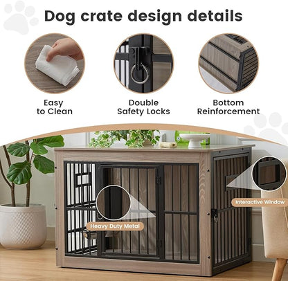 27 Inch Heavy Duty Dog Crate Furniture for Puppy/Small Dogs, Decorative Pet House End Table with 3 Doors, Wooden Cage Kennel Furniture Indoor, Rustic Grey - Without Bowls