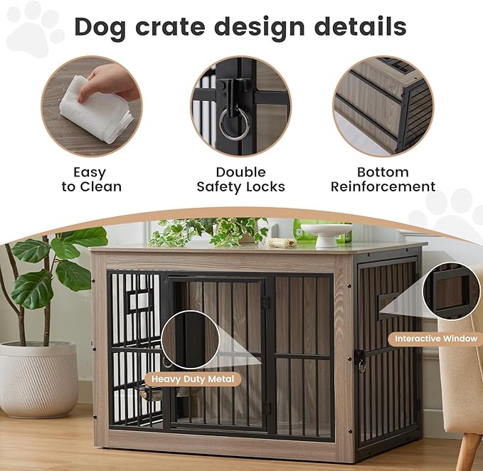38 Inch Heavy Duty Dog Crate Furniture for Medium Dogs, Decorative Pet House End Table with 3 Doors & Adjustable Bowls, Wooden Cage Kennel Furniture Indoor, Rustic Grey
