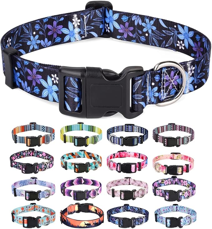 Mihqy Dog Collar with Bohemia Floral Tribal Geometric Patterns - Soft Ethnic Style Collar Adjustable for Small Medium Large Dogs(Floral Blue,L)