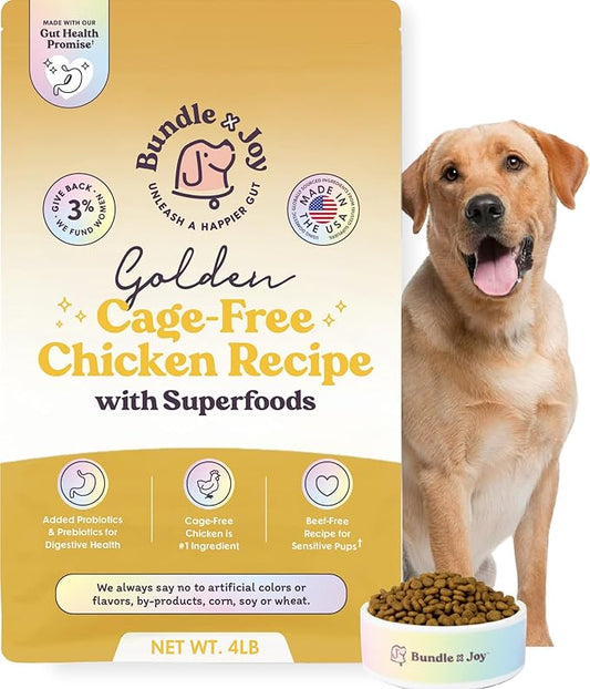 Bundle x Joy Golden Probiotic Dog Food Dry, Chicken, 4lb Bag, Allergy and Gut-Friendly Adult Kibble for Digestive Health with Cage-Free Chicken, 20 Plant Based Superfoods, Beef and Grain Free