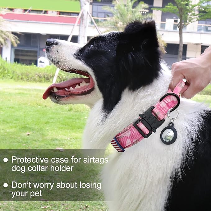 Hotsky Tactical Dog Collar and Leash Set, Heavy Duty Military Airtag Dog Collar with Handle and Metal Buckle for Training and Walking, with Airtag Holder and Two Patches (Pink Camo, L)
