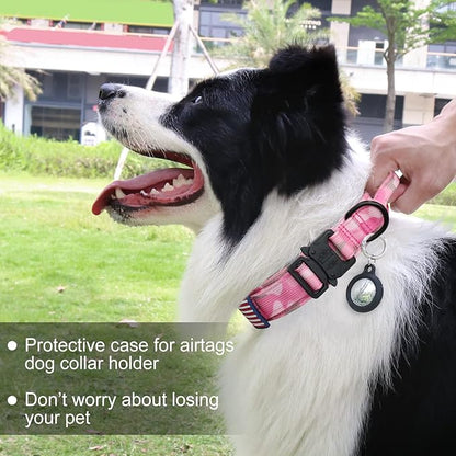 Hotsky Tactical Dog Collar and Leash Set, Heavy Duty Military Airtag Dog Collar with Handle and Metal Buckle for Training and Walking, with Airtag Holder and Two Patches (Pink Camo, L)