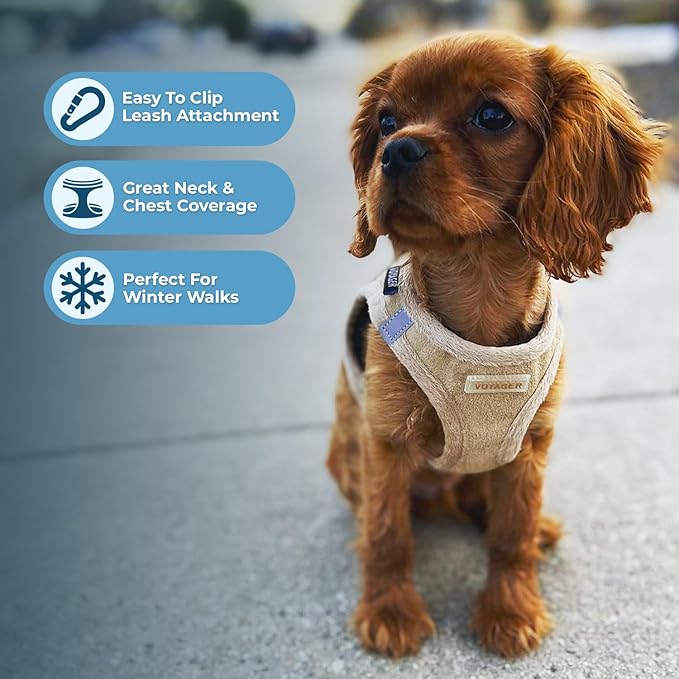 Best Pet Supplies - All Weather Plush, Reflective, No Pull Harness for Small, Medium Dogs, Cats - Secure with Hook & Loop Fastener, Buckle, Double D-Rings - Latte Suede, L