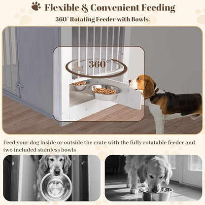 TBWIND Dog Crate Furniture for Large Dogs, 36" Indoor Wooden Dog Kennel with 270° Swivel Door & 360° Rotating Feeder, Decorative Heavy Duty Dog House with Double Locks & Bowls, White