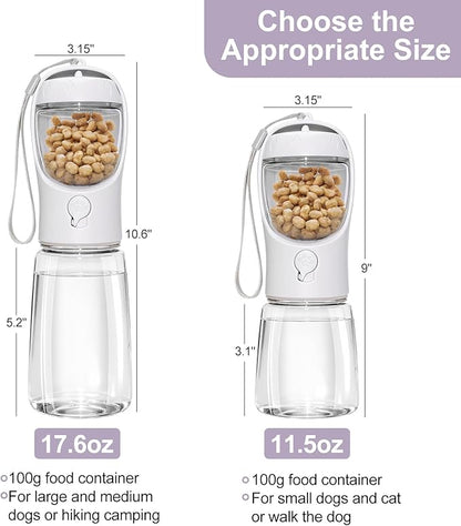 Dog Water Bottle, Portable Water Bottle with Food Container for Dogs Cat Pet Hiking Walking Travel Camping, Leak-Proof Dog Water Bowl Dispenser with Feeder Function Puppy Essentials (11.5oz White)