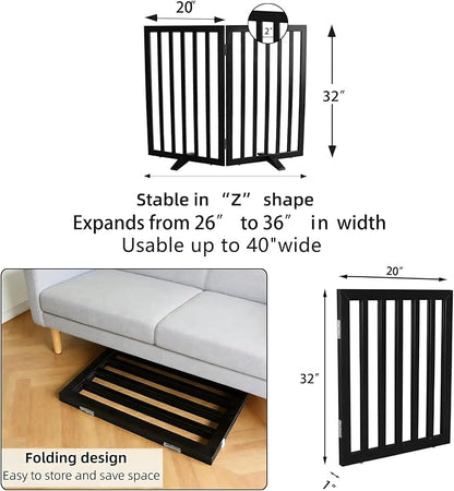 ZJSF Freestanding Indoor Dog Gate for House Foldable Wood Puppy Gate for Doorways Pet Gate for Stairs Extra Wide Pet Fence, Black, 32" Height 2 Panels