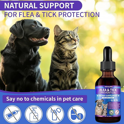 WEALLIN Flea and Tick Prevention Support for Cats and Dogs Natural Flea Treatment Drops with Multivitamin for Pets Oral Natural Supplement Flea and Tick Treatment Drops for All Breeds and Ages