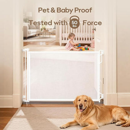 SPACEANY Retractable Safety Baby Gate or Mesh Dog Gate,Durable Portable Mesh Retractable Gate,Easy to Use for Stairs, Doorways, Hallways, Indoor, Outdoor, 33.5" Tall, Up to 45" Wide, White