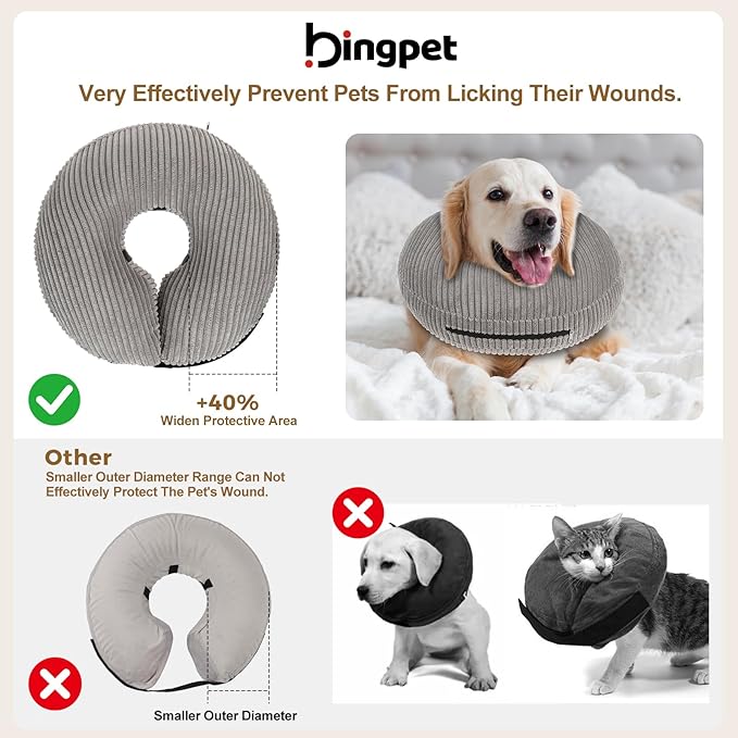 BINGPET Inflatable Dog Cone Collar Alternative After Surgery,Soft Recovery Cone for Dogs to Stop Licking, Blow up Protective Neck Donut ECollars Adjustable for Large Medium Small Puppy Pet, Grey XL