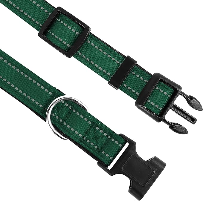 Reflective Dog Collar, Adjustable Soft Neoprene Padded Nylon Pet Collars with Buckle for Puppy and Small Dogs, Cats, Dark Green,XS