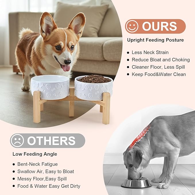 SPUNKYJUNKY Elevated Dog Bowls Ceramic, 6.1'' Dogs and Cat Food Water Bowls Raised with Non-Slip Bamboo Stand for Medium Sized Breed Microwave Dishwasher Safe - 28.7 OZ,Skull White