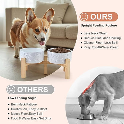 SPUNKYJUNKY Elevated Dog Bowls Ceramic, 6.1'' Dogs and Cat Food Water Bowls Raised with Non-Slip Bamboo Stand for Medium Sized Breed Microwave Dishwasher Safe - 28.7 OZ,Skull White