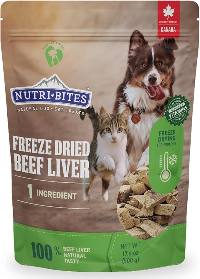 Nutri Bites Freeze Dried Beef Liver Dog & Cat Treats, Single Ingredient High Protein Pet Treats, 17.6 oz