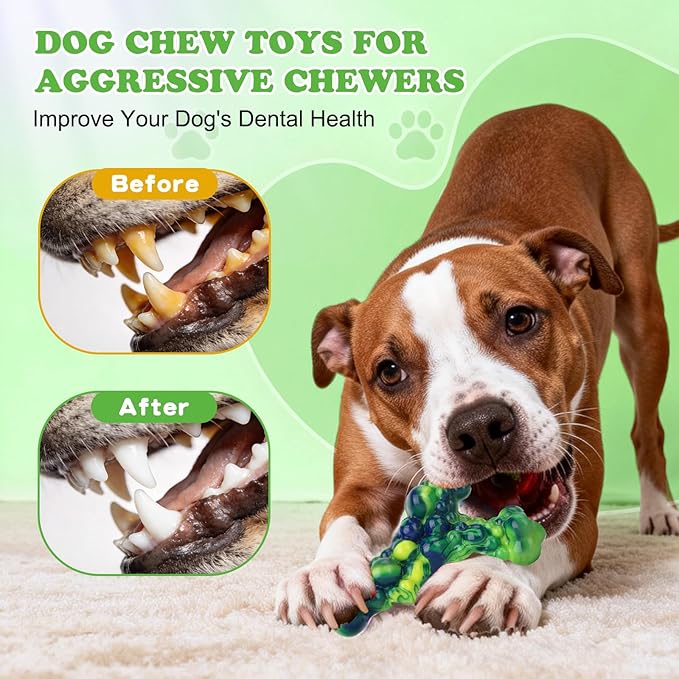 3Pack Dog Chew Toys for Aggressive Chewers, Indestructible Interactive Dog Chew Nylon Bone Toys for for Medium Large Breed 15-60lbs, Teething Toy to Keep Them Busy, Bacon Flavor (Green)