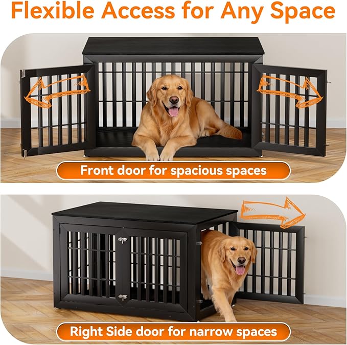 Snuowu 48" Heavy Duty Dog Crate Furniture for Small,Medium and Large Dogs,Rustic Wooden Dog Cage Kennel Indoor Furniture with Waterproof Top,Decorative Pet House Side End Table (Black)