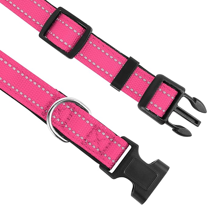 Reflective Dog Collar, Adjustable Soft Neoprene Padded Nylon Pet Collars with Buckle for Small Dogs, Hotpink,S