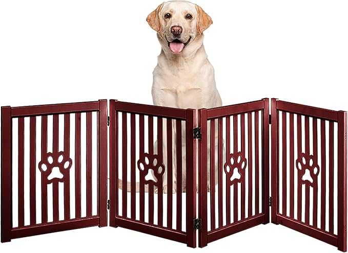 4 Panel Dog Gate - Mahogany - Foldable Wooden Freestanding Pet Gate, 80" L x 23.6" H, for Doorways, Halls & Stairs, 360 Degree Rotated Hinges