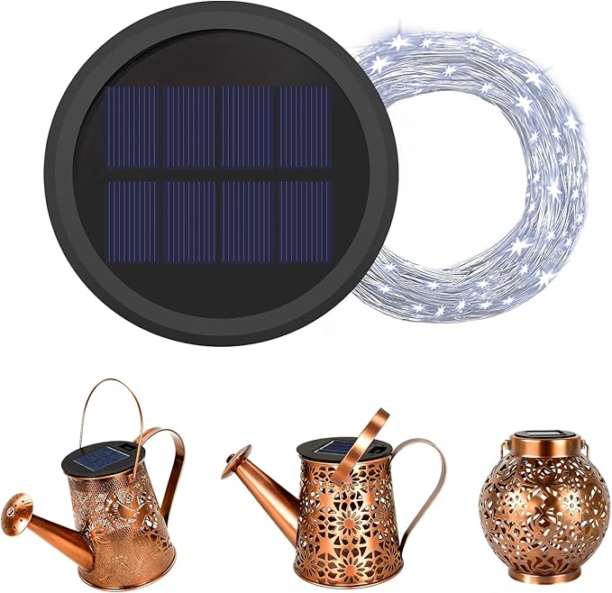 YJFWAL Solar Watering Can Lights Replacement Top, 3.6in Round Panel with 3.5Ft 80 Led Copper Wire String Lights for Solar Lantern Water Can Battery Box Accessories