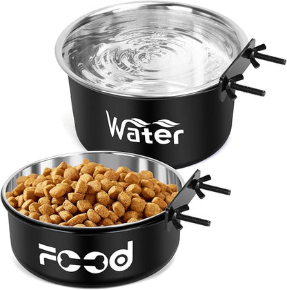 Crate Water Bowl No Spill for Large Dogs, Removable Stainless Steel Dog Bowls for Food and Water, Dog Kennel Hanging Wet and Dry Food Feeder for Medium/Large Pets, (7.1"x3.7" & 7.1"*2.6", Black)