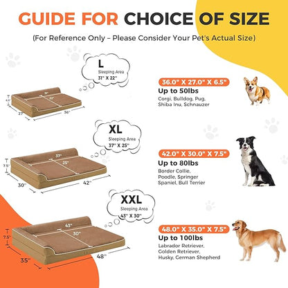Dog Bed Large Sized Dogs, XL Orthopedic Dog Bed for Large Dogs 42"x30"x7.5", Waterproof Pet Bed with Washable Removable Cover, L-Shaped Pet Couch with Portable Handle, Camel