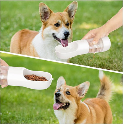 Portable Dog Water Bottle - Leak Proof Dog Water Dispenser with Bowl & Food Container, Dishwasher Safe Food Grade Plastic for Pet Puppy Outdoor Walking Hiking Travel White