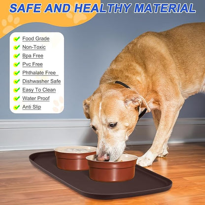 SMILOOL Silicone Pet Feeding Mat with Raised Edge for Food and Water, Dog Bowl Mats, Cat Bowls Placemat with High Lip for Floor Waterproof, Rubber Tray for Cats and Dogs 22 x 14 x0.8 Dark Brown
