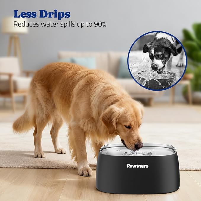 Upgrade No Spill Water Bowl for Dogs, 135oz/4L All Stainless Steel Dog Water Bowl with Non-Slip Base, Spill Proof for Medium Large Messy Drinkers, Anti Splash, Slow Drinking, Slobber Stopper, Black