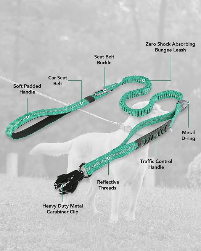 Joytale Tactical Dog Leash Heavy Duty, 4-6FT Shock Absorbing Bungee Lead with 2 Padded Handle, Metal Carabiner Clip, Car Seatbelt, Strong No Pull Leash for Medium Large X-Large Dogs, Teal