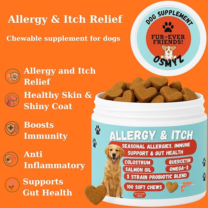 Dog Allergy Relief Chews – Anti-Itch Skin & Coat with Probiotics, Omega 3 & Colostrum – Itchy Skin, Paw Licking & Seasonal Allergies Support – Salmon Flavor – 100 Soft Chews