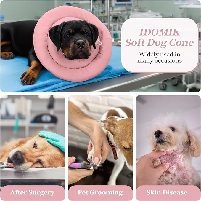 IDOMIK Dog Recovery Collar, Waterproof Soft Dog Cone After Surgery, Comfy Protective Elizabethan Collar Alternative for Dogs Cats, Adjustable Pet Neck Donut Cone Anti-Licking Biting Wounds,Pink,3XL