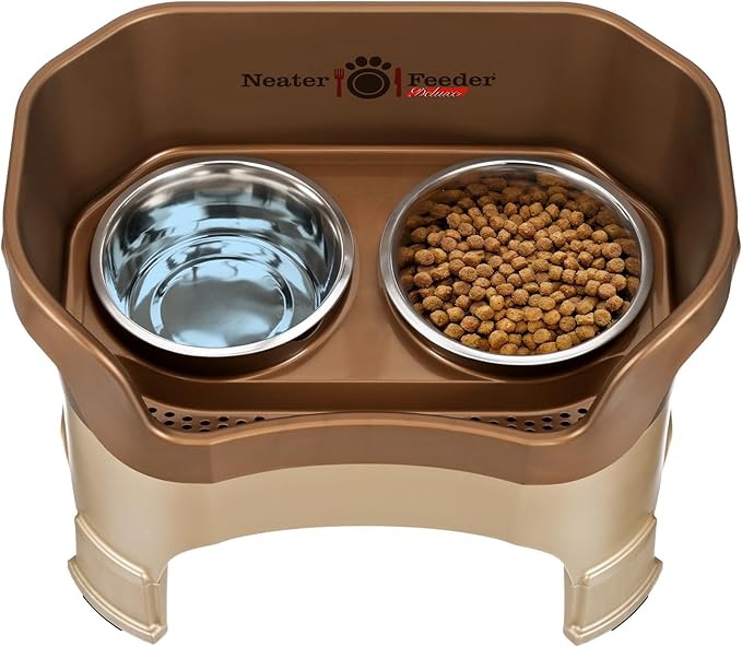 Neater Feeder Deluxe Mess-Proof Elevated Dog Bowls for Large Dogs (40+ lbs), 2 Height Adjustable (14.5” & 17.5”) No-Spill Raised Dog Bowl Stand, Stainless Steel Food Bowl Set, Made in USA, Bronze