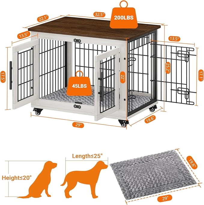 YaFiti Dog Crate Furniture with Cushion Set of 2, Wooden Dog Kennel Indoor with Double Doors, Dog Cage with Wheels, Dog House Side End Table for Small Medium Dogs up to 45 lb, 32.5" L, White