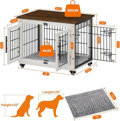 YaFiti Dog Crate Furniture with Cushion, Wooden Dog Kennel Indoor with Double Doors, Dog Cage with Wheels, Dog House Side End Table for Small Medium Dogs up to 45 lb, 32.5" L, White