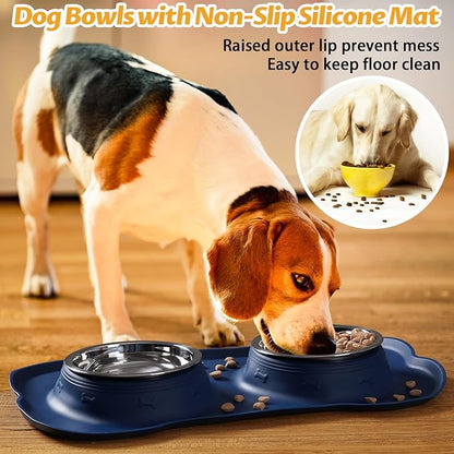 Hubulk Pet Dog Bowls 2 Stainless Steel Dog Bowl with No Spill Non-Skid Silicone Mat + Pet Food Scoop Water and Food Feeder Bowls for Feeding Small Medium Large Dogs Cats Puppies (X-Large, Navy Blue)