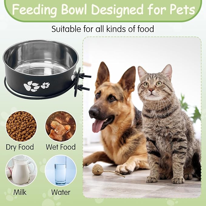 Kathson 2 Pack Dog Kennel Stainless Steel Crate Bowl, No Spill, Hanging Metal Pet Food Bowl Feeder for Cats Small Medium Dogs (Black)