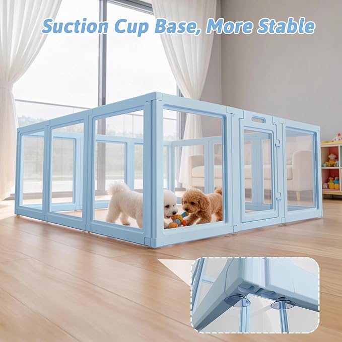 DIY Clear Acrylic Dog Playpen House,Quick Easy Assembly and Disassembly,Strong Floor Suction,Indoor and Outdoor Use,Easy Cleansing Puppy Fence (Sky Blue, 30.3" H, 12PCS)