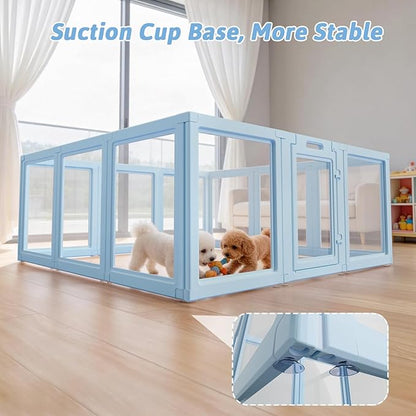 DIY Clear Acrylic Dog Playpen House,Quick Easy Assembly and Disassembly,Strong Floor Suction,Indoor and Outdoor Use,Easy Cleansing Puppy Fence (Sky Blue, 30.3" H, 12PCS)