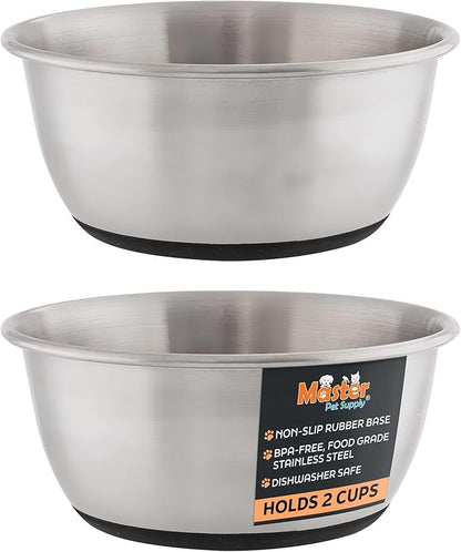 Master Pet Supply Stainless Steel Dog Bowls Set of 2 (16 Oz Each) with Non-Slip Rubber Base - Stainless Steel - Basic Dog Food Bowl Water & Food Bowls for Small Medium Large Dogs & Cats, Metal Dish