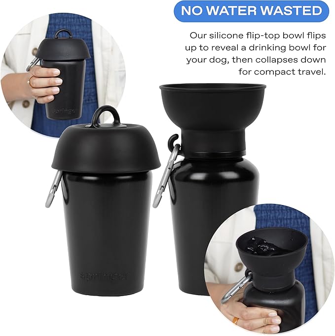 Springer Flip Portable Dog Water Bottle with Foldable Food Grade Silicone Bowl - 20 Ounce Travel Dog Water Bottle Ideal for Camping - Easy Squeeze Hydration & Release to Drain