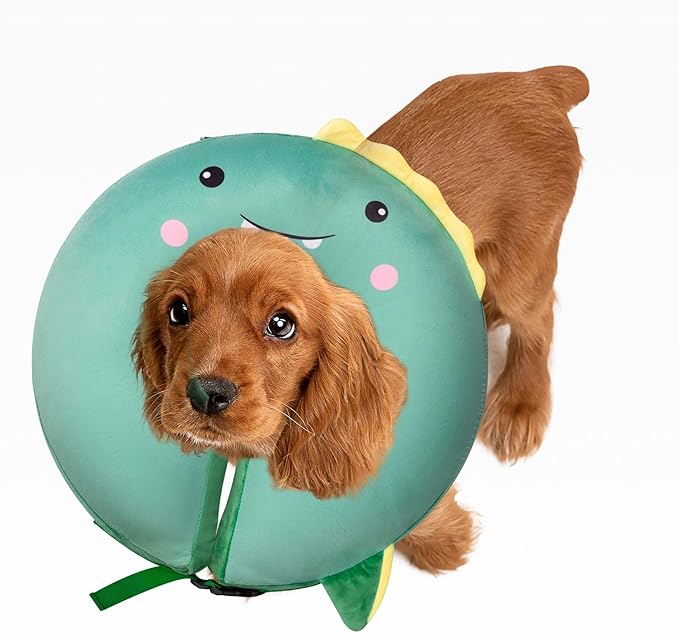 Dog Cone Inflatable Widen Dog Neck Donut Collar, Soft Cone Alternative After Surgery for Large Medium Small Dogs to Stop Licking, Dinosaur, Small
