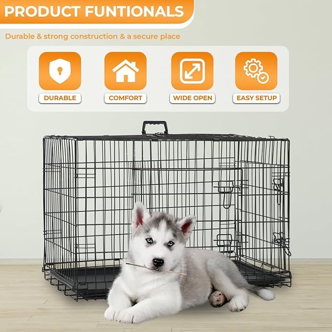 PayLessHere Medium Dog Crate Kennel 30 inches Metal Dog Cage Double-Door Folding Travel Indoor Outdoor Puppy Playpen with Divider and Handle Plastic Tray,Black